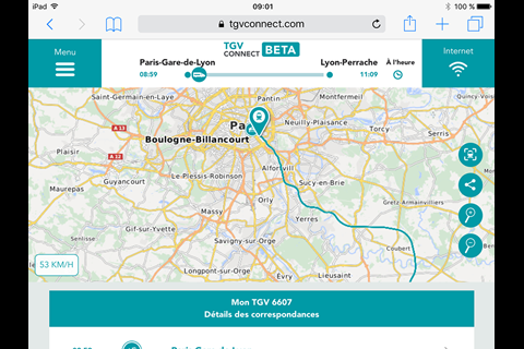 TGV Connect users can follow their train’s progress on a map, access real time running, delay and connection information as well as the buffet menu, and hire a car or book a taxi at their destination.